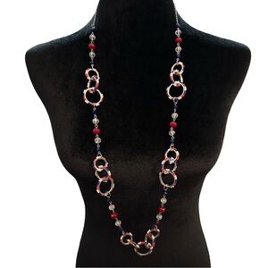 C1946 Necklace Patriotic Theme Red White Blue Long Length Silver tone